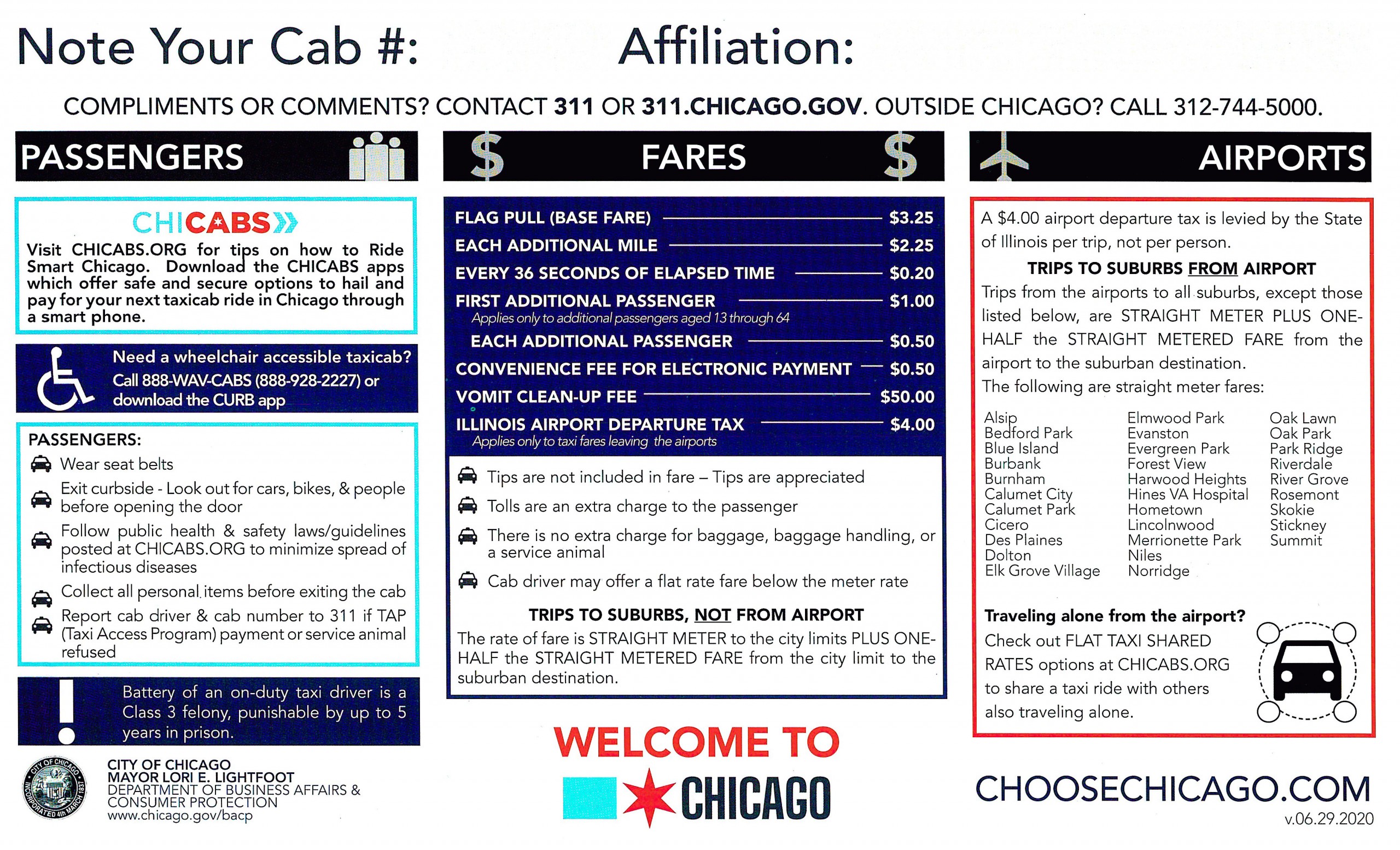 City of Chicago approved taxi rates card